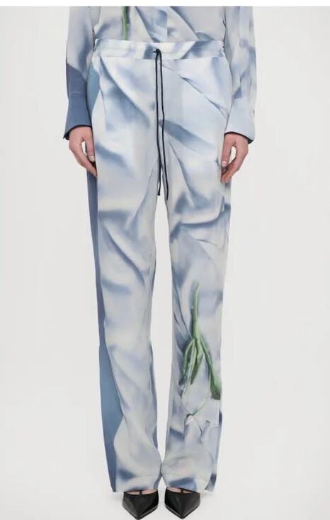 Victoria Beckham Pants - Victoria Beckham Silk Pleated Pyjama Trousers in Satin Flowers Ice Blue 8